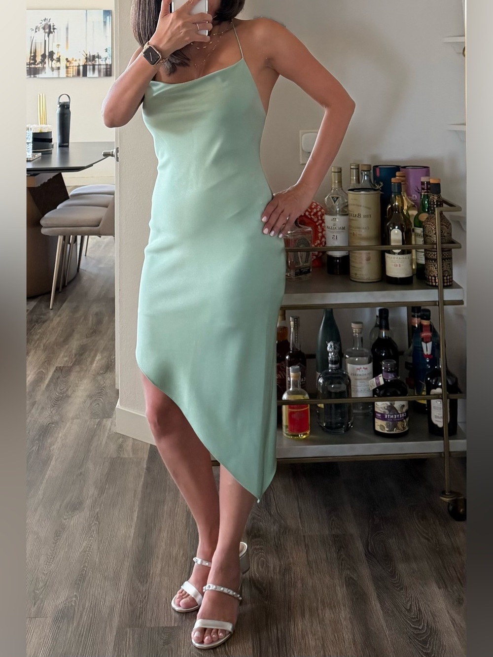 Alice + Olivia Light Green Asymmetric Hem Cowl Neck Slip Satin Dress Size 0